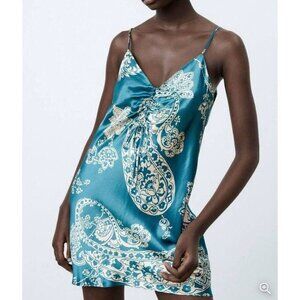Zara Satin Floral Paisley Print Slip Mini Dress Sleeveless Boho Cami Dress Sz M